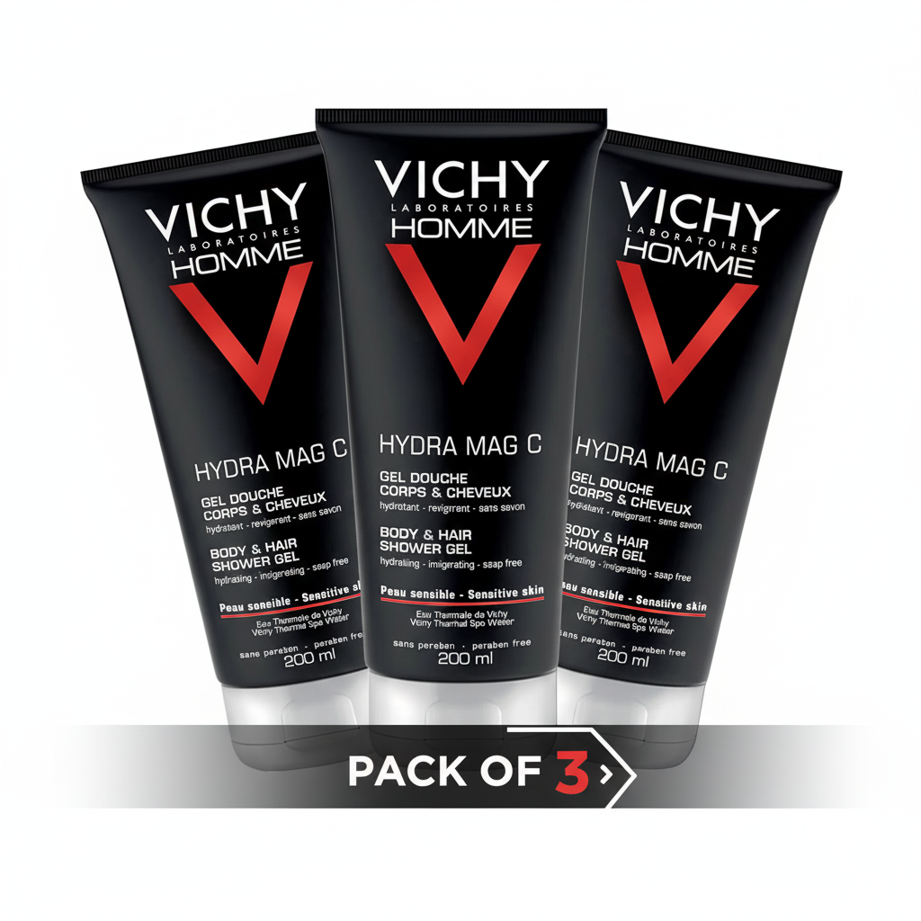 Vichy Homme Hydra Mag C Shower Gel for Body and Hair 200ml (Pack of 3) - Free UK Delivery
