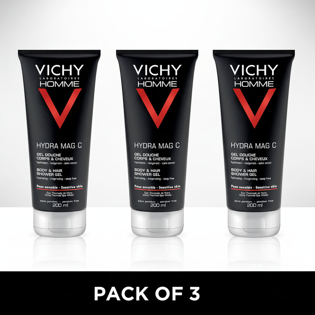Vichy Homme Hydra Mag C Shower Gel for Body and Hair 200ml (Pack of 3) - Free UK Delivery