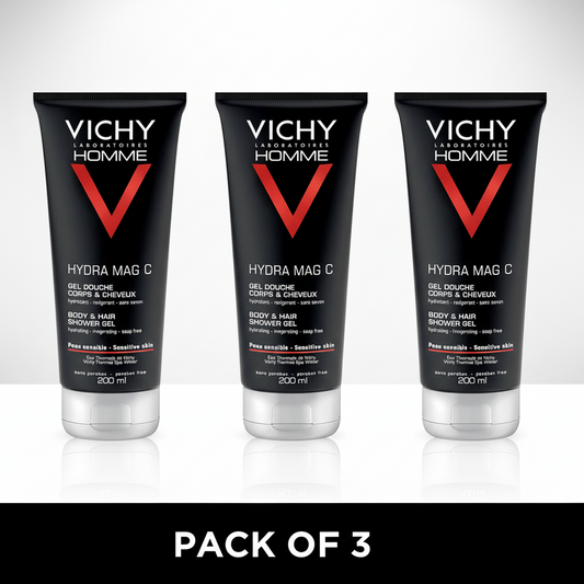 Vichy Homme Hydra Mag C Shower Gel for Body and Hair 200ml (Pack of 3) - Free UK Delivery